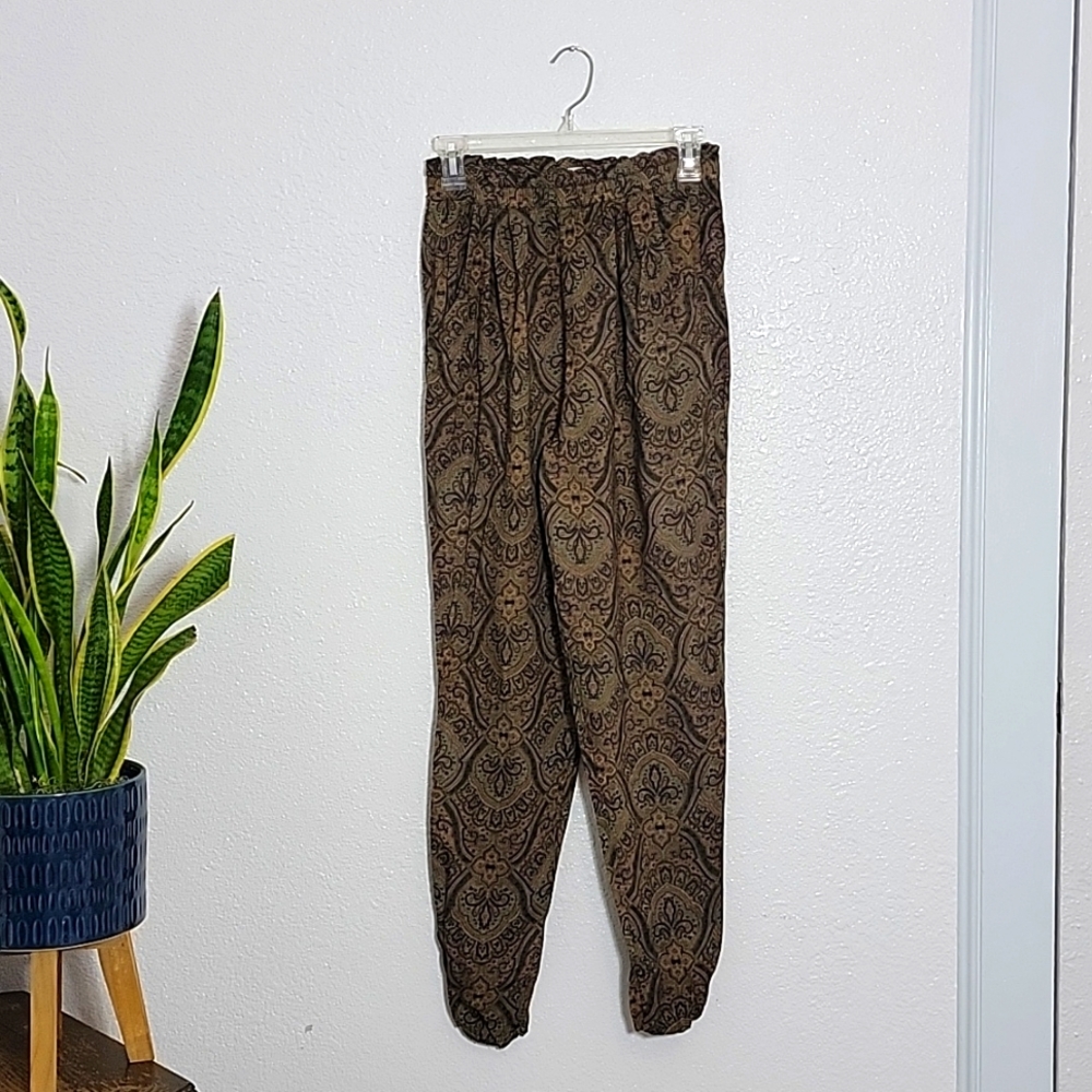 Vintage 80s Boho Parachute Pants, Size  SMALL- Paisley Print Olive Green